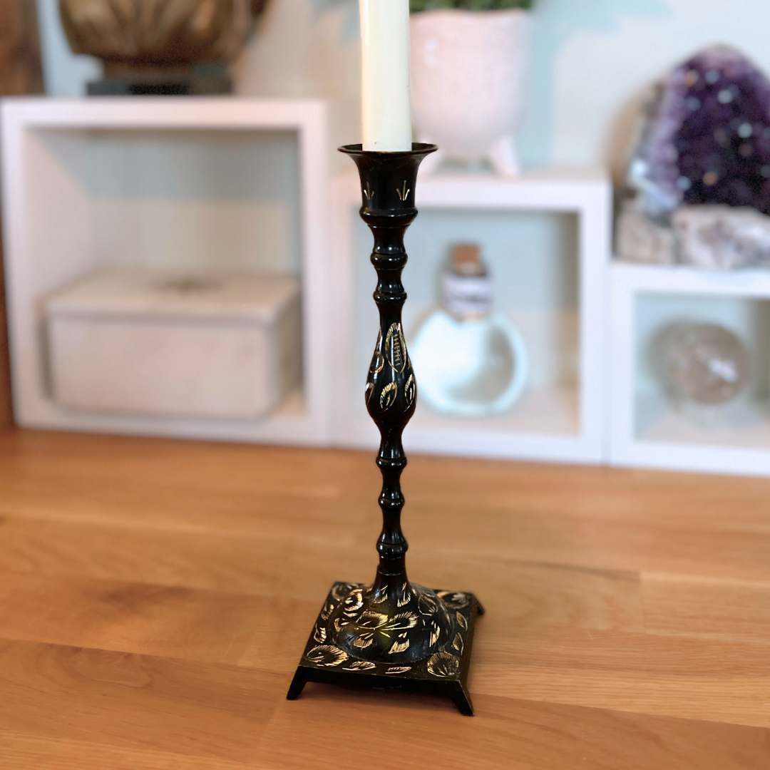 Vintage Brass Etched Taper Candle Holder - Black & Gold